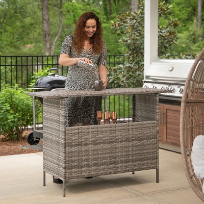 Gray Wicker Rattan Bar Counter Table with Shelves for Indoor/Outdoor Use