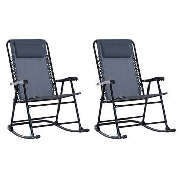 Outsunny Set of 2 Rocking Chairs Patio Lawn Chair Beach Reclining Folding Chairs with Pillow, Outdoor Portable Recliner for Camping Fishing Beach