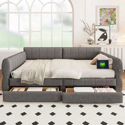 YOOCOZZ Queen Size Lambswool Upholstered Wood Daybed with 2 Storage Drawers and USB Charging