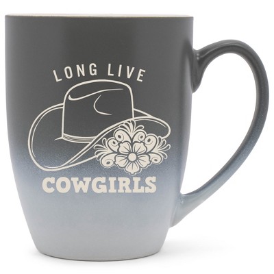 100 North Floral Western Hat 10 Ounce Gray and White Two Toned Ombre, Comfortably Fits Your Hands, Ceramic Tea Coffee Cup Mug, Long Live Cowgirls