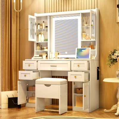 TOBILI 41.4" Makeup Vanity Desk with Mirror and Lights, Makeup Table with 5 Drawers and 4 Cabinets,White