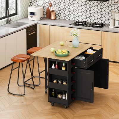 Multi-Functional Kitchen Island Cart with Stylish and Minimalist Bar Stools, Combination Set (Black)