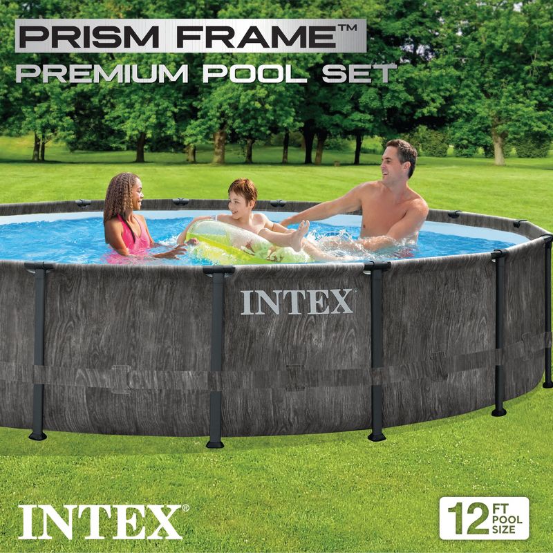 Intex Greywood Prism Frame 12 Foot x 30 Inch Round Above Ground Outdoor Swimming Pool with 530 GPH Filter Pump, Grey Woodgrain Design, 4 of 10