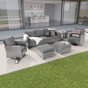 Sonkuki 6-Piece Patio Conversation Set with Swivel Rocking Chair and Side Table, Navy Blue Cushion - 1 of 4