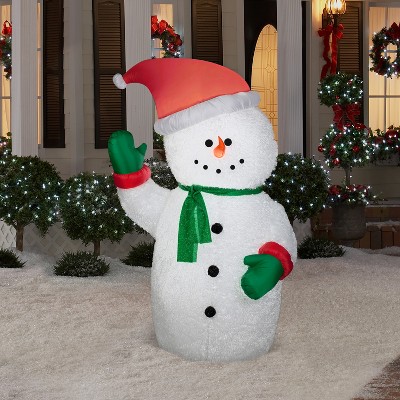 6 ft White Fuzzy Plush Inflatable Snowman with Santa Hat