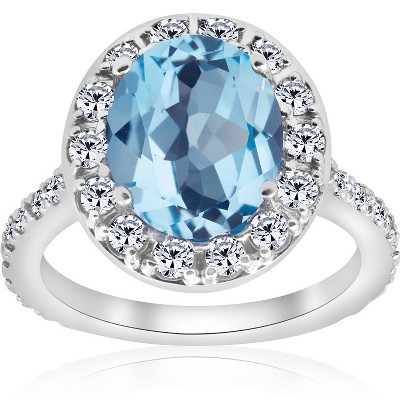 Pompeii3 4 cttw Blue Topaz Diamond Halo Vintage Ring Engagement 14k White Gold