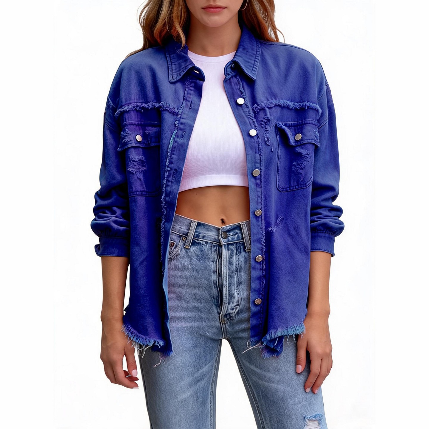 Женская куртка EadianDree Women Denim Jacket Long Sleeve Lapel Button Front Frayed Hem Distressed Outerwear, цвет: Джинсовый — фото 1