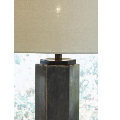 Dirkton Hexagon Pewter and Black Table Lamp with Drum Shade