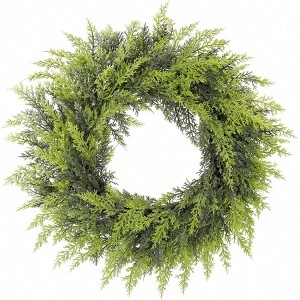 24 inch real artificial cedar wreath faux pine greenery for front door home window table mantle wall indoor outdoorxmas decorations - 1 of 4