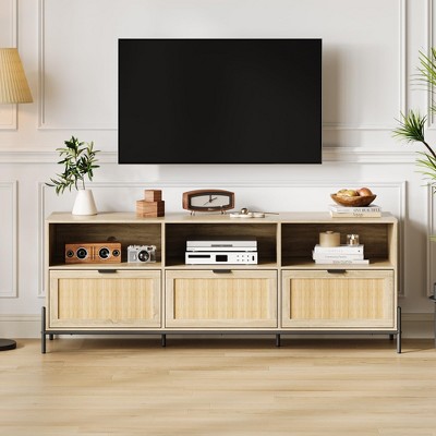 65 Inch Long Rattan TV Stand for 75 Inch TV, Slim Wood Entertainment Center with 3 Storage Drawer