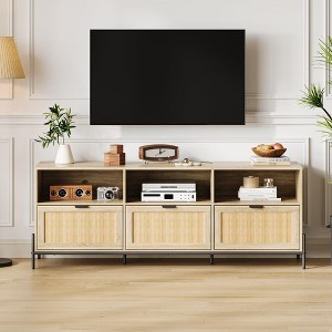 65 Inch Long Rattan TV Stand for 75 Inch TV, Slim Wood Entertainment Center with 3 Storage Drawer - 1 of 4
