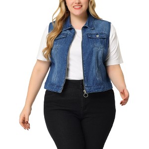 Agnes Orinda Women's Plus Size Trucker Zipper Front Sleeveless Sport Crop Denim Vests - 1 of 4
