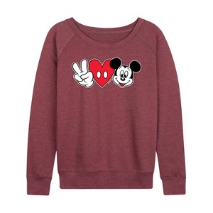 Women's - Disney - Peace Love Mickey Lightweight French Terry Wide Neck Long Sleeve Shirt - 1 of 4