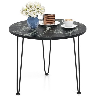 Tangkula Small Round Coffee Table w/ Thickened Tabletop & Metal Tripod Legs Faux Marble Black