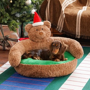 ZEZE Christmas Teddy Bear Pet Bed for Cats & Small Dogs, Cozy Plush Winter Cave Bed, Soft Warm Cuddly Bear Design - 1 of 4