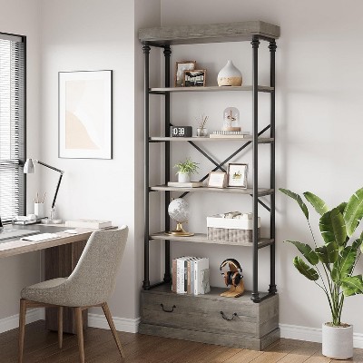 6 Bookshelves with Storage Drawers, High-Level Vertical Display Shelves, Wood and Metal Storage Shelves for Living Rooms, Bedrooms and Home Offices