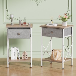 VECELO Modern X-Design Nightstand, End/Side Table with Fabric Drawer & Open Storage Shelves for Bedroom or Living Room, Brown - 1 of 4