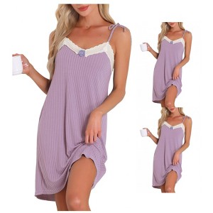 INSPIRE CHIC Women Nightgown Sleeveless Lace Trim Breathable Thigh Length Soft Sleepdress - 1 of 4
