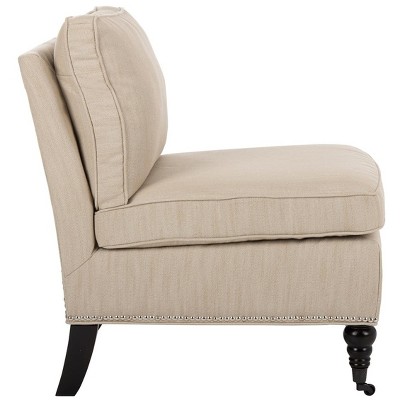 Beige Linen Slipper Chair with Spindle Wood Legs