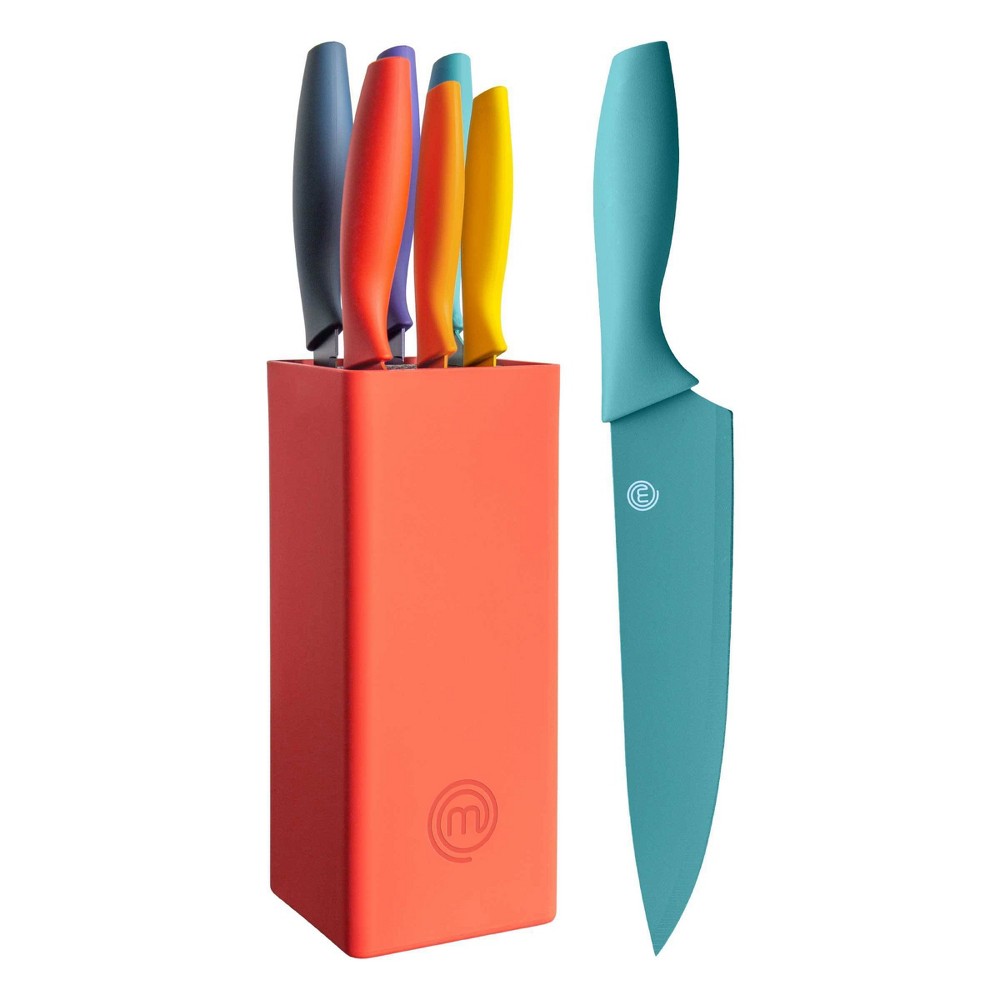 MasterChef 7pc Block Kitchen Knife Set with Nonstick Coated and Knife Holder Vivid Color Collection