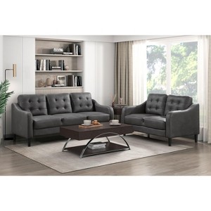 Okak Modern Casual Sofa Set 2pc with Thick Button Tufted Cushion , Solid Wood Legs Polished Microfiber Couch 5 Seat for Apartments, living Room, Gray - 1 of 4