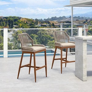 PURPLE LEAF Patio Sunbrella Bar Stools Set of 2 Handwoven Wicker Bar Height Stool Modern Aluminum Outdoor Wicker Barstools with Back and Cushion - 1 of 4