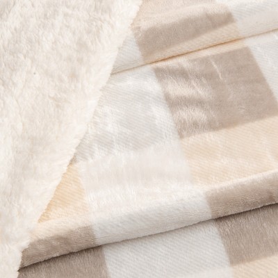 Twin Soft Taupe and Pale Grey Buffalo Check Fleece Sherpa Reversible Blanket