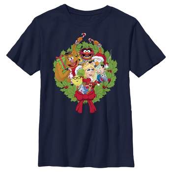 Boy's The Muppets Christmas Wreath Group Shot T-Shirt