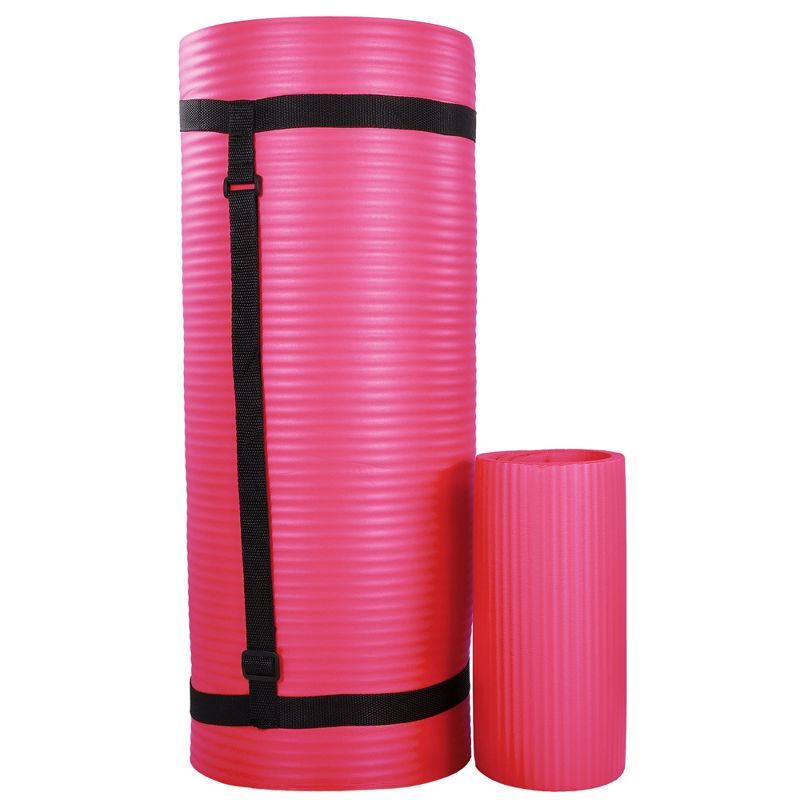 BalanceFrom All-Purpose 71" x 24" x 1-Inch Extra Thick High Density Anti-Tear Exercise Yoga Mat, Knee Pad with Carrying Strap & 2 Yoga Blocks, Pink, 2 of 6
