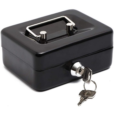 Paper Junkie Small Money Safe Key Lock Box with Coin Slot Portable Metal Cash Box, Securie Bill Storage Container with Handle, Black