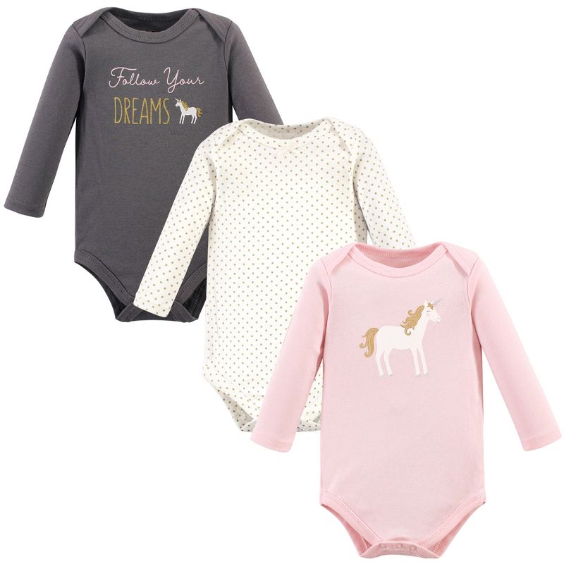 Hudson Baby Infant Girl Cotton Long-Sleeve Bodysuits, Gold Unicorn, 1 of 6