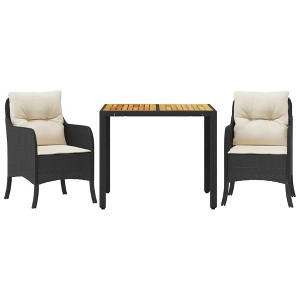 vidaXL 3 Piece Patio Dining Set - Black Poly Rattan with Cushions and Square Acacia Wood Table - Outdoor/Garden/Backyard Furniture - 1 of 4