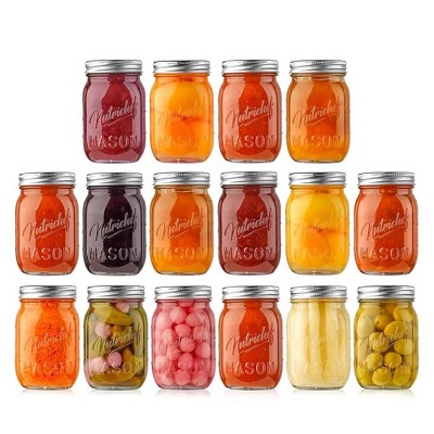 NutriChef 16-Piece Clear Glass Mason Jars with Silver Lids for Meal Prep