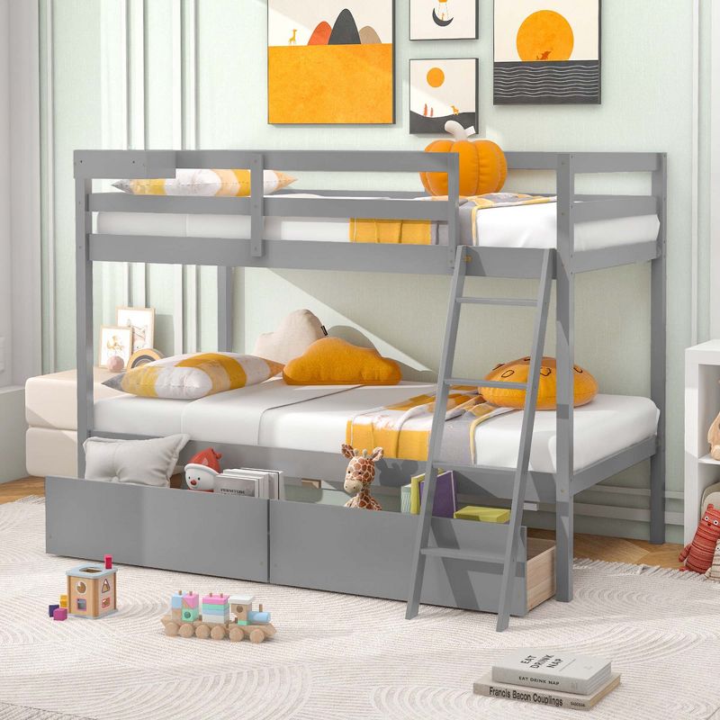 Costway Twin Over Twin Bunk Bed with 2 Storage Drawers Ladder No Box Spring Needed Gray/White, 2 of 11