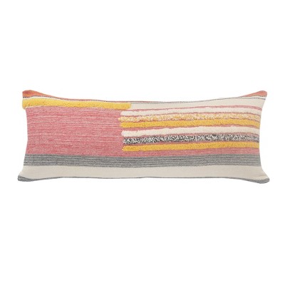 HomeRoots 14" X 36" Orange Pink Black And Off-White 100% Cotton Striped Zippered Pillow