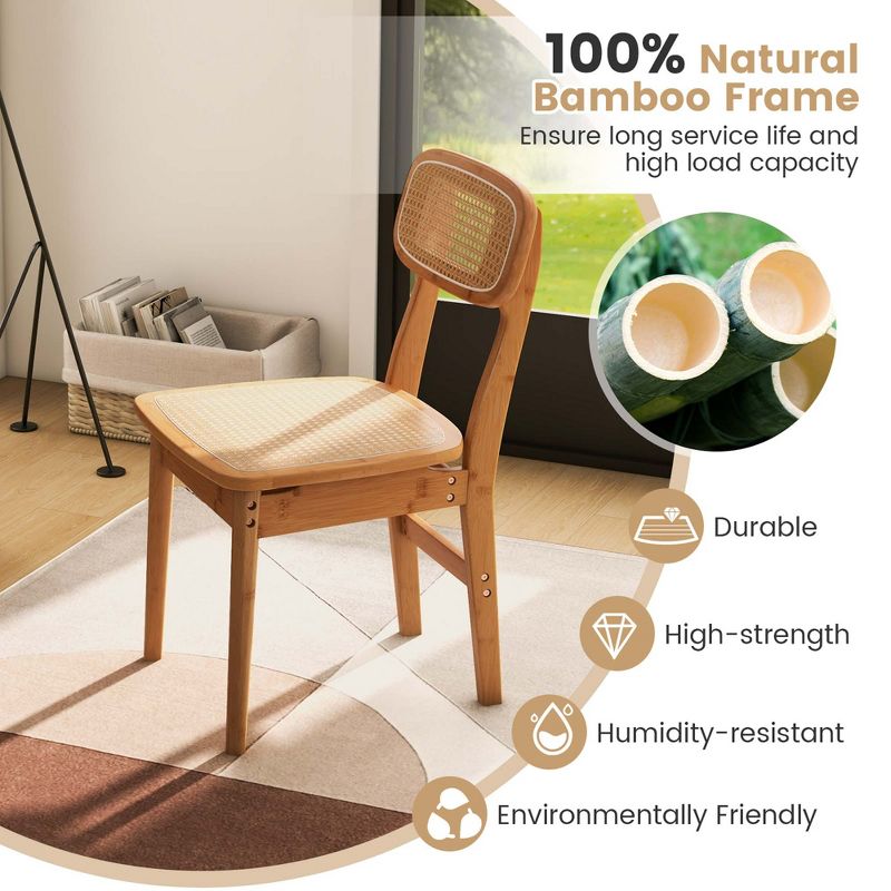 Costway Rattan Accent Chairs Set of 2 Bamboo Frame Cane Woven Backrest &Seat Dining Room, 5 of 9