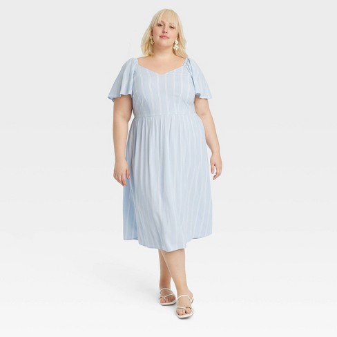 Women's Flutter Short Sleeve Midi A-Line Dress - Ava & Viv™ Blue Striped 4X