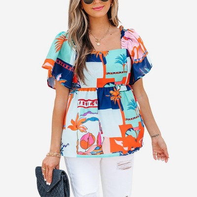 Amaryllis Women’s Abstract Palm Print Square Neck Peplum Top Short Flutter Sleeves Lightweight Fabric Relaxed Fit