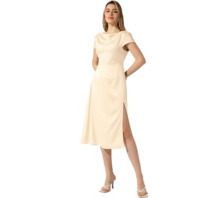 Allegra K Women's Satin Cowl Neck Cap Sleeve Backless Twist Split Midi Cocktail Dress