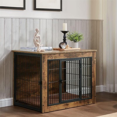 Aukfa 32" Wooden Dog Crate Furniture with Cushion – Heavy Duty Dual-Door Kennel for Small/Medium Dogs, Convertible Side Table & Nightstand