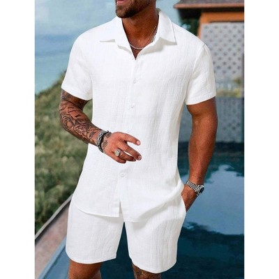 TIME HOLLOW Solid Button-Up Shirt & Shorts Set - Ideal For Vacations