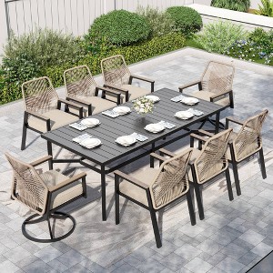 Captiva Designs 9pc Outdoor Dining Rectangle Steel Table and Thick Cushion Mixed Wicker Chairs - 1 of 4