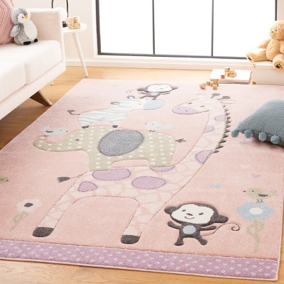 Blush Pink Round Synthetic Kids Area Rug, 4' x 6'