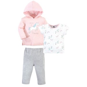 Hudson Baby Infant and Toddler Girl Cotton Hoodie, Bodysuit or Tee Top and Pant Set, Glitter Unicorn Toddler - 1 of 1