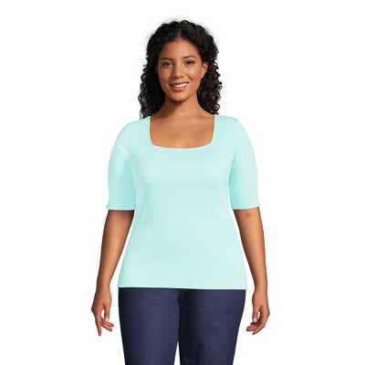 Lands' End Women's Plus Size Elbow Sleeve 2x2 Rib Square Neck T-shirt ...