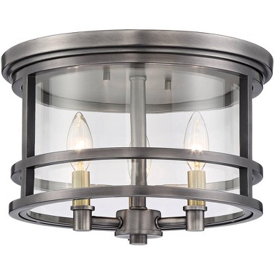 Possini Euro Design Industrial Ceiling Light Flush Mount Fixture Gunmetal 13 1/2" Wide 3-Light Clear Glass for Bedroom Living Room