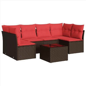 vidaXL 7 Piece Patio Sofa Set with Cushions Brown Poly Rattan - Brown and Red With Table - 1 of 4