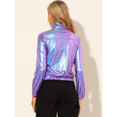 INSPIRE CHIC Women's Holographic Shiny Long Sleeve Metallic Zip Front Track Jacket X-Large Blue Purple — фото 4