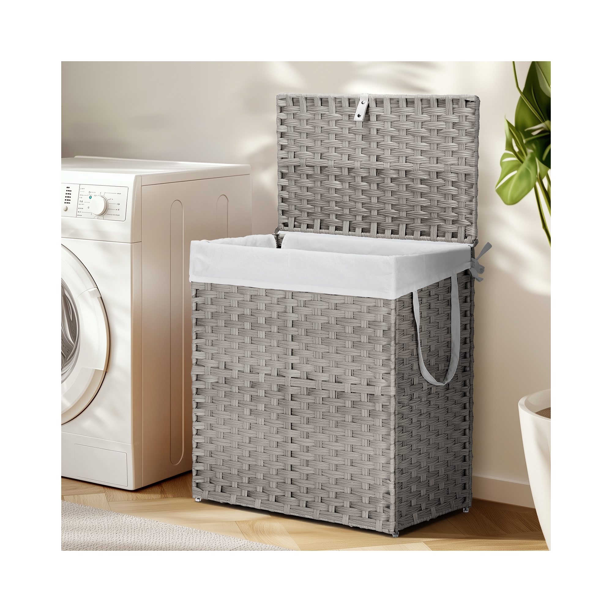 Bestier Laundry Basket with Lid, 110 L Hand-Woven Rattan Laundry Hamper with Compartments & Handles, Foldable, Removable Liner