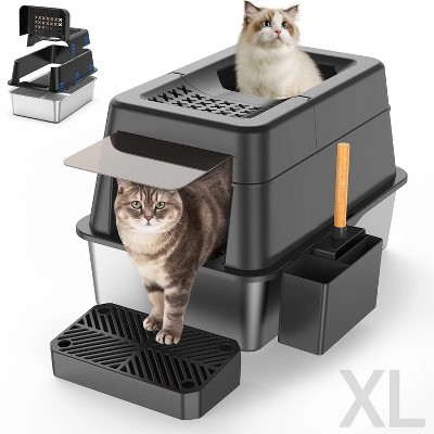 LunaLulinlk Black stainless steel high-sided cat litter box with tray, scoop, storage box, and filter pedal